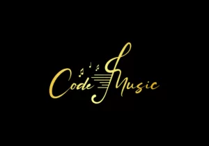 Music code signature logo design featuring stylized musical notes and coding elements.